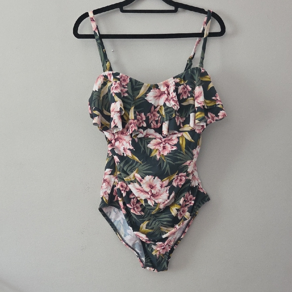 Kona Sol Floral Ruffle One Piece Swimsuit - Green and Pink